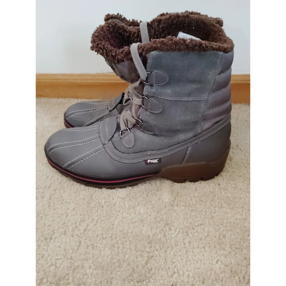 EUC-Pajar Women 10-10.5 Gray Suede Leather Winter Snow Hiking Boot Warm Fur Trim
